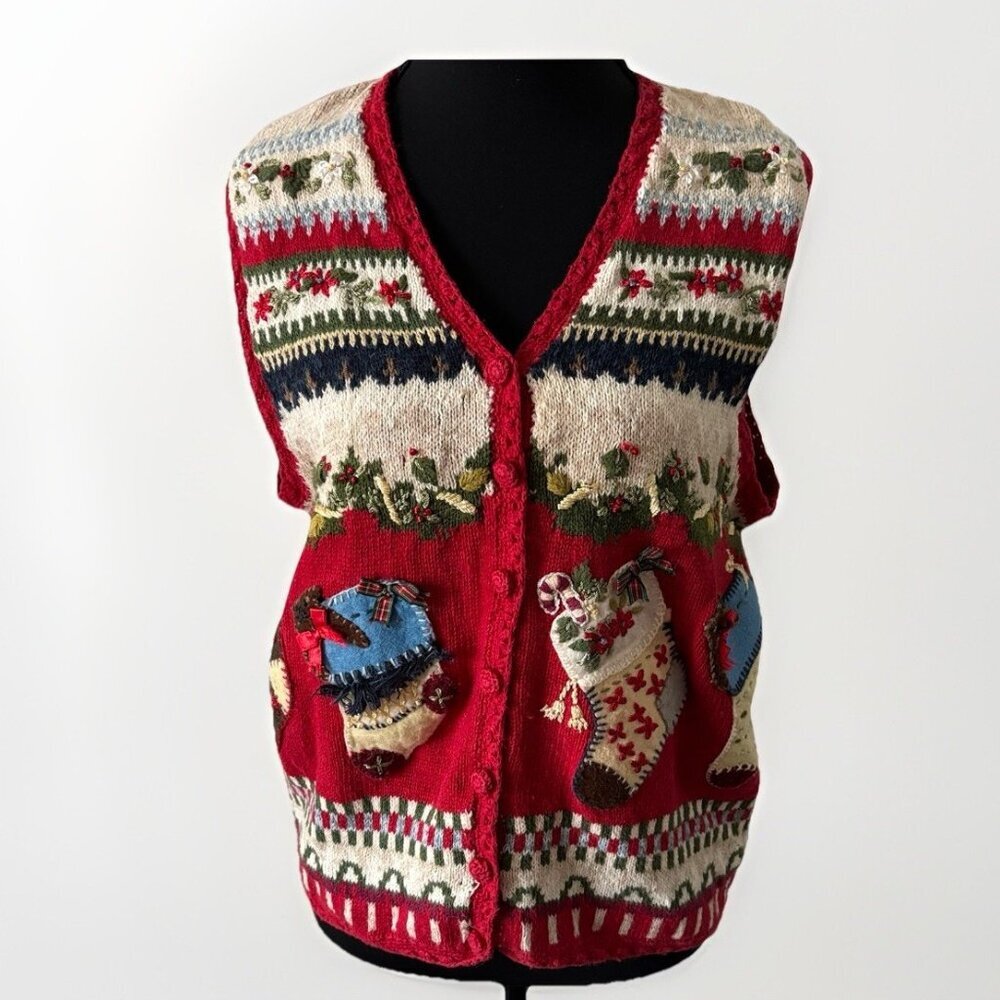 VTG Carolina Colours Holiday Sweater Vest Women’s M Christmas Embroidery Novelty